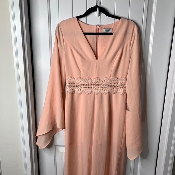 Lumier by Bariano tangerine peach Maxi Dress Formal Gown Lace Bell Sleeve Sz  12 - Picture 3 of 10